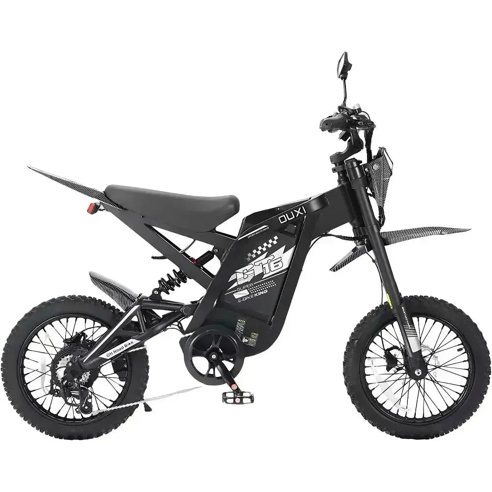 Fatbike Ouxi GT16 negra, vista lateral con cadena, marchas y suspensión trasera
