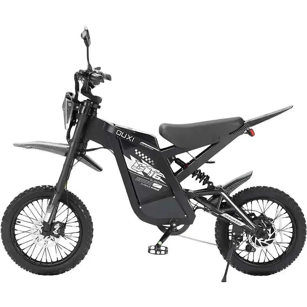 Fatbike Ouxi GT16 negra, vista lateral del otro lado con freno de disco trasero y pata de cabra