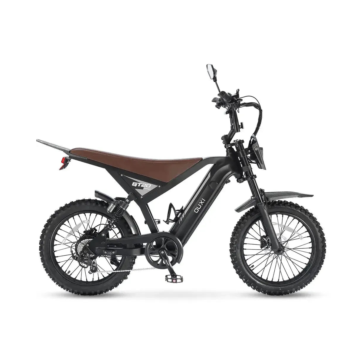 Fatbike Ouxi GT20 Pro w kolorze czarnym, widok z boku z brązowym siodełkiem, tylną amortyzacją i oponami z kostką