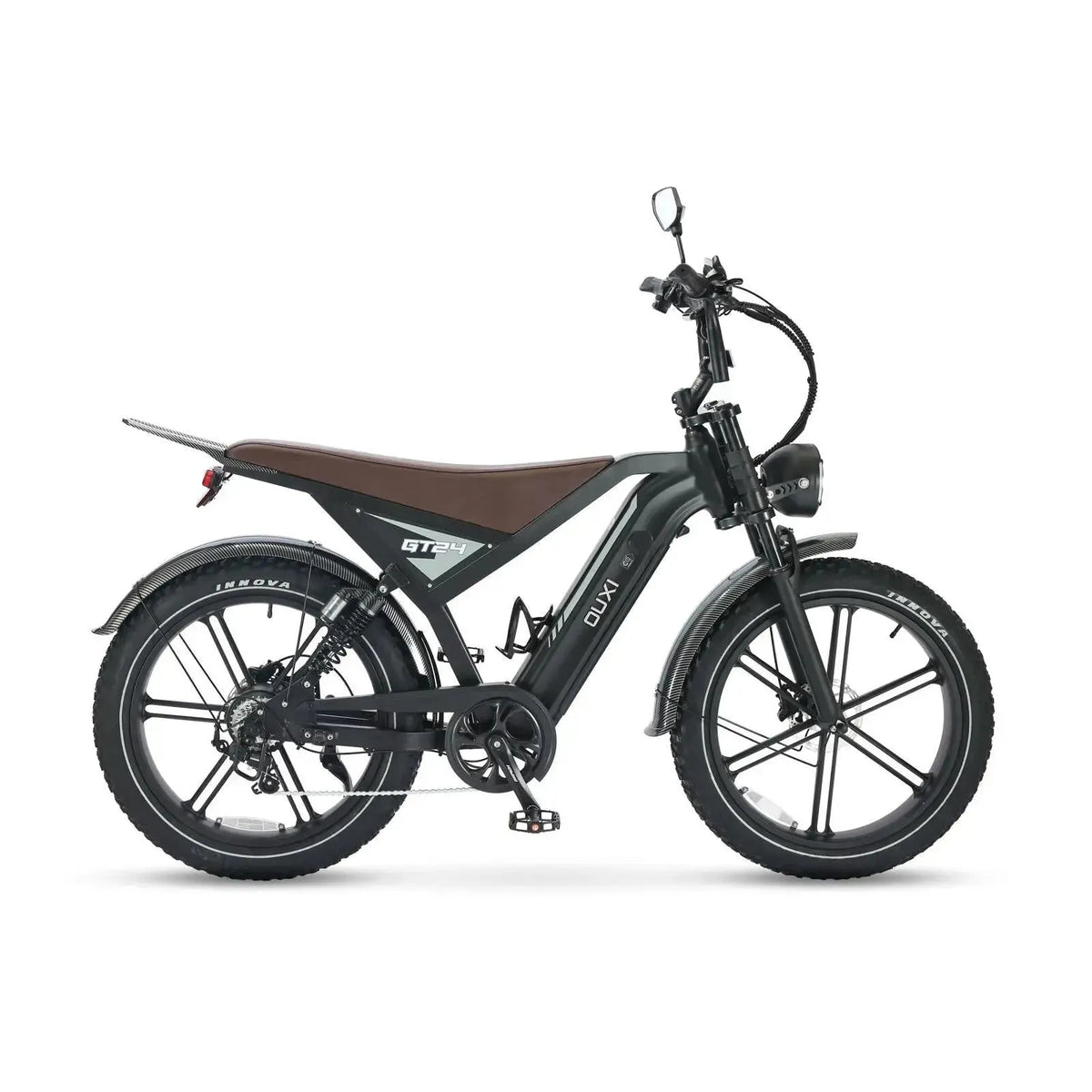 Fatbike Ouxi GT24 negra, vista lateral derecha con sillín marrón y cadena en el lado de la transmisión