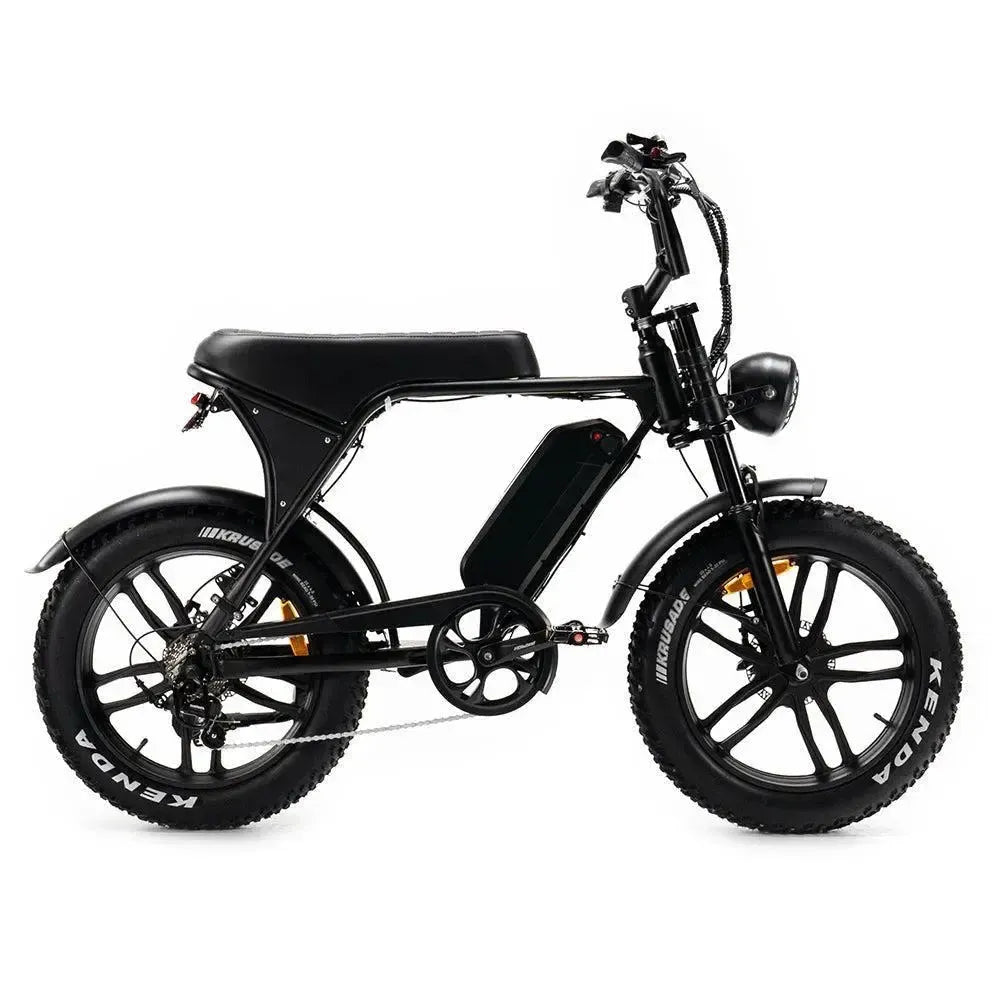 Fatbike Ouxi V8 2025 en noir, vue latérale droite avec selle longue, batterie de cadre et pneus Kenda larges