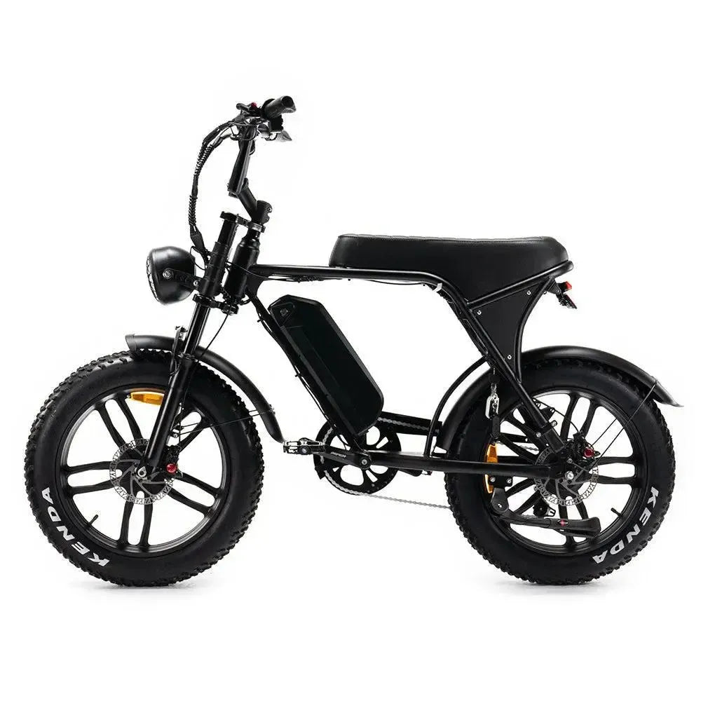 Fatbike Ouxi V8 2025 en noir, vue latérale gauche avec phare rond, selle longue et pneus larges