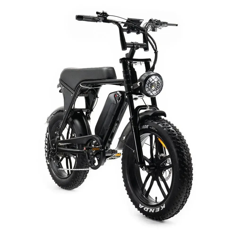 Fatbike Ouxi V8 2025 en noir, vue de trois quarts avant droite avec guidon, phare et fourche avant
