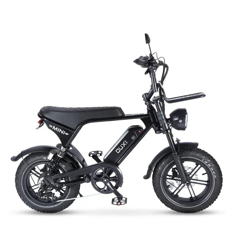 Ouxi V8 Ultra Mini Fatbike in Schwarz, Seitenansicht rechts mit Kette, Frontgepäckträger und Scheinwerfer