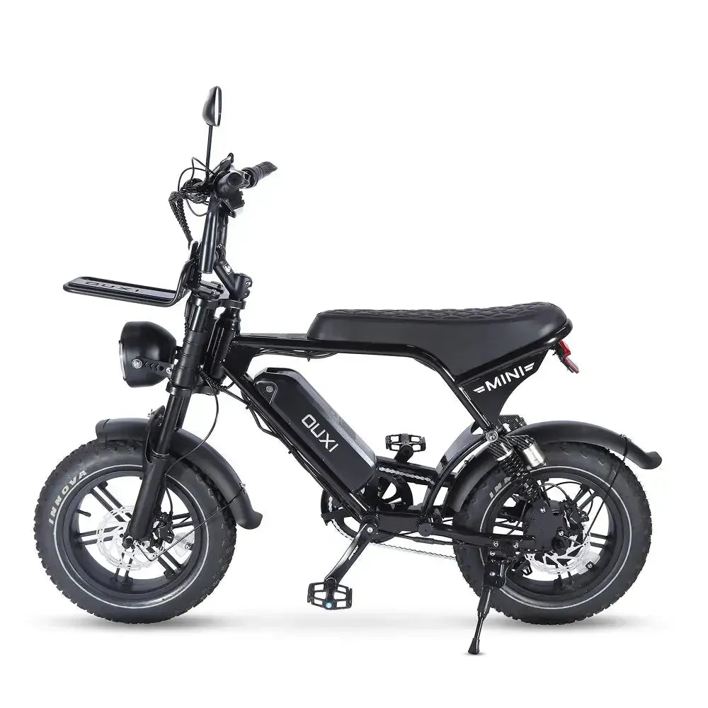 Ouxi V8 Ultra Mini Fatbike in Schwarz, Seitenansicht links mit Sattel, Akku und Ständer