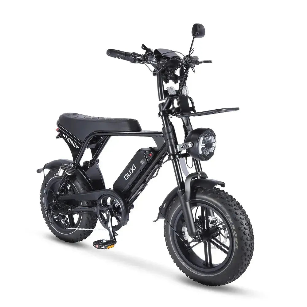 Ouxi V8 Ultra Mini Fatbike in Schwarz, schräge Vorderansicht mit Scheinwerfer und dicken Reifen