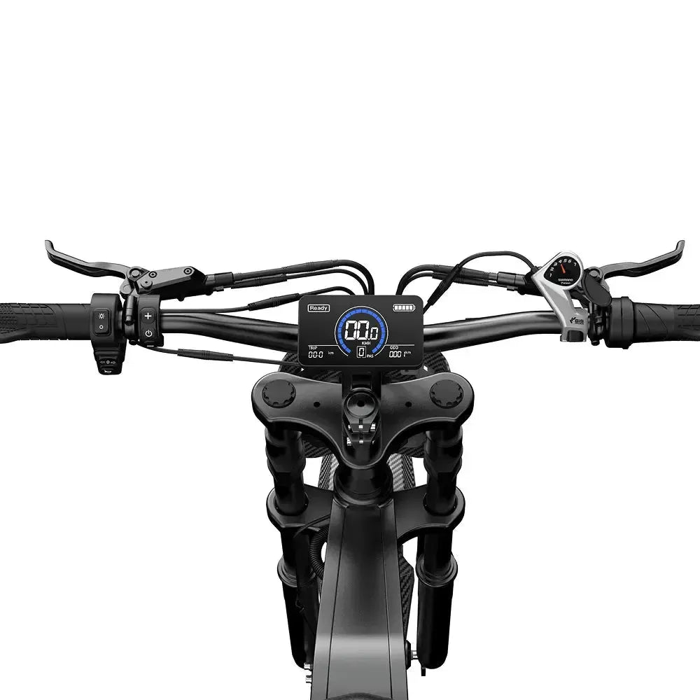 Fatbike QMWheel V20 Cross en noir, détail du guidon avec écran numérique et leviers de frein