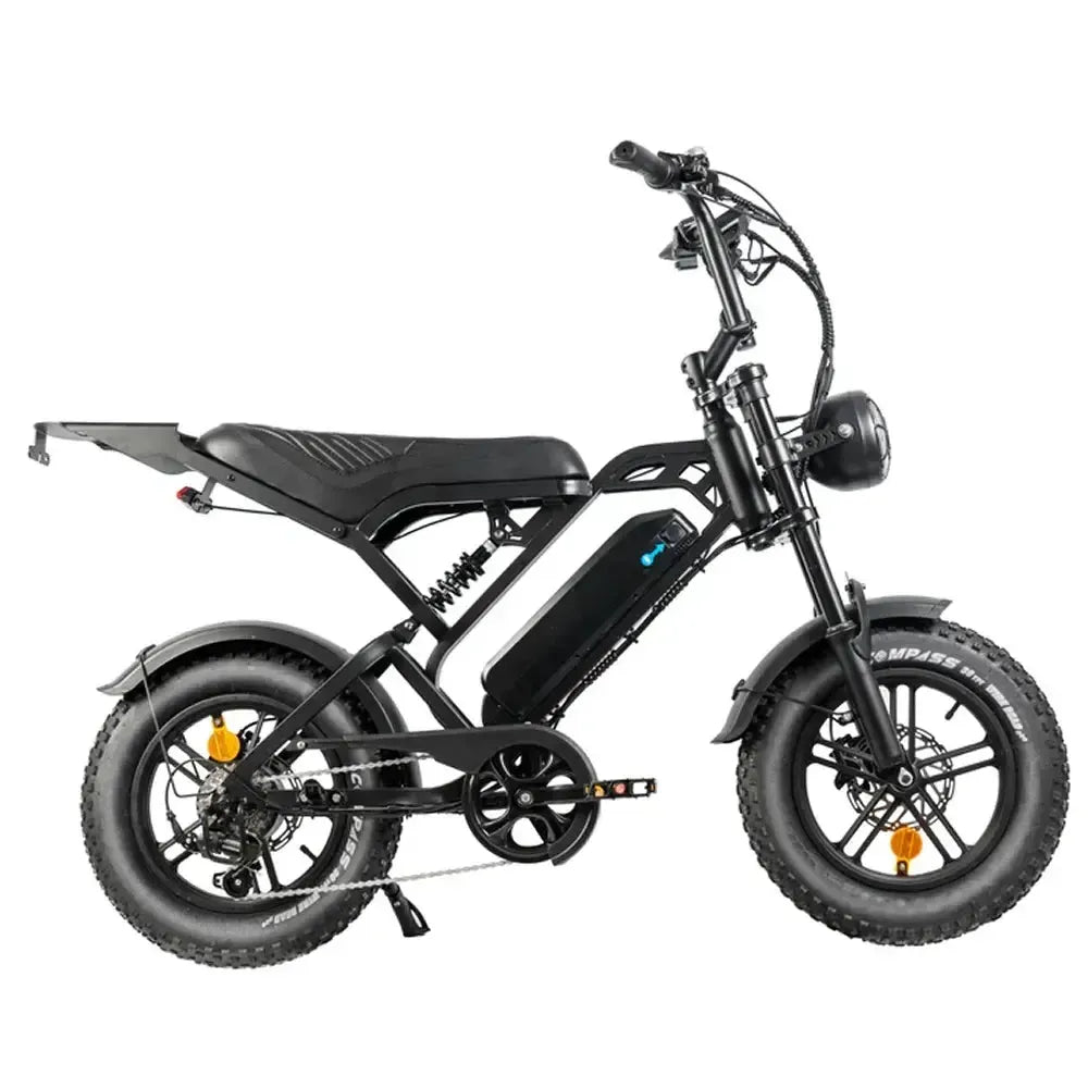 دراجة فات بايك QMWheel V20 Mini باللون الأسود، منظر جانبي من اليمين مع مقعد طويل وحامل أمتعة وإطارات عريضة