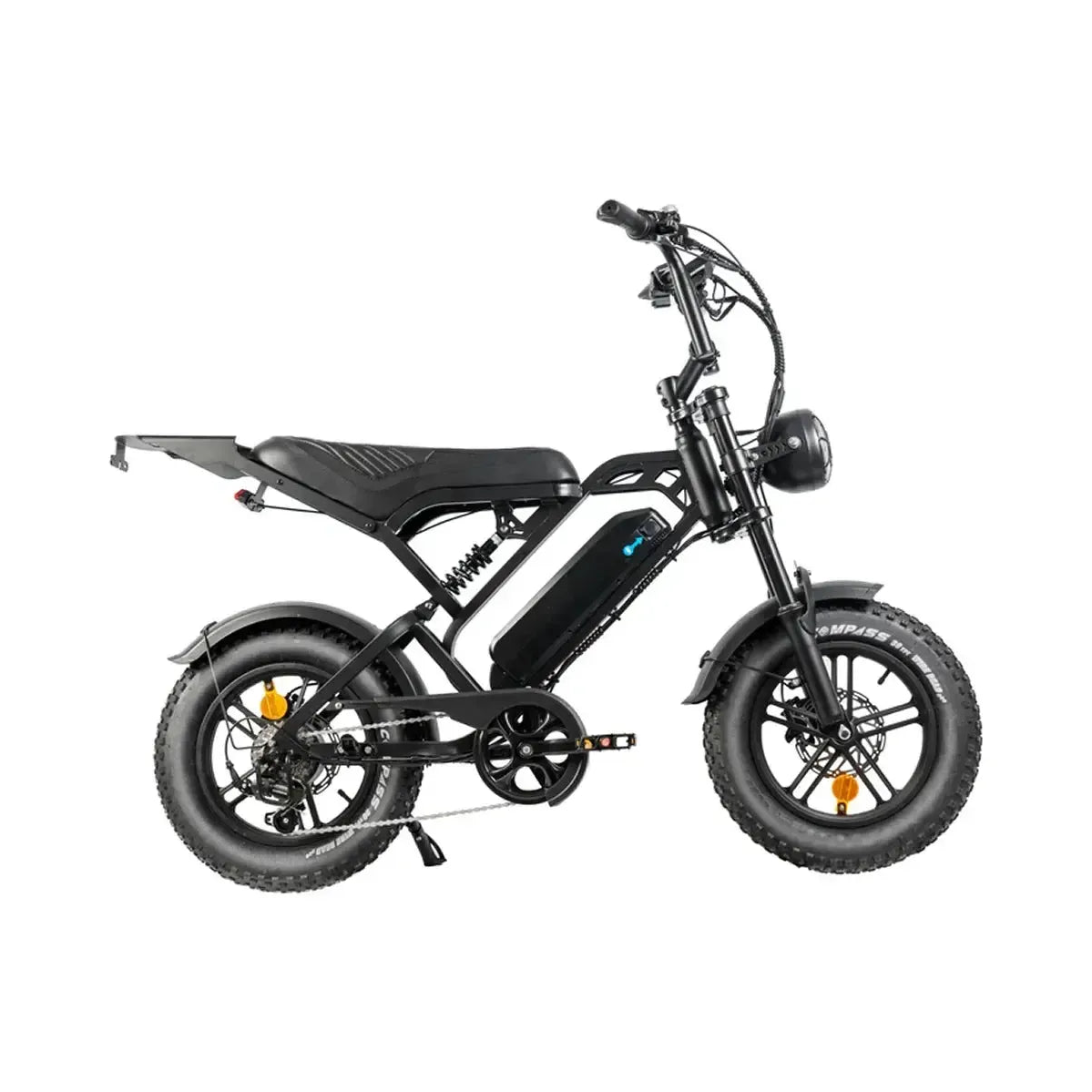 Fatbike QMWheel V20 Mini w kolorze czarnym, widok z prawej strony z długim siodełkiem, bagażnikiem i grubymi oponami