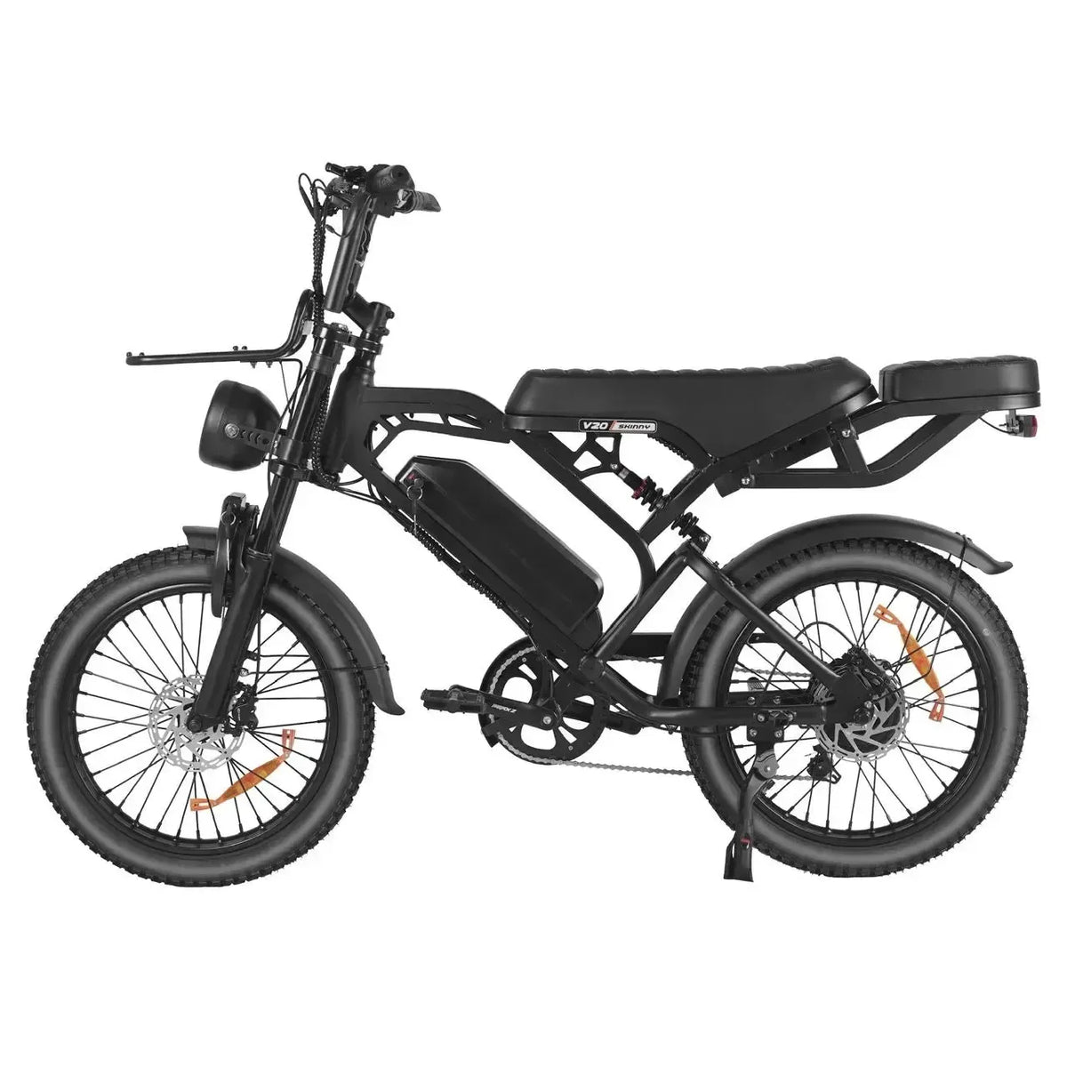 Skinny bike QMWheel V20 Pro Skinny Bike en noir, vue latérale avec freins à disque, béquille latérale et porte-bagages arrière