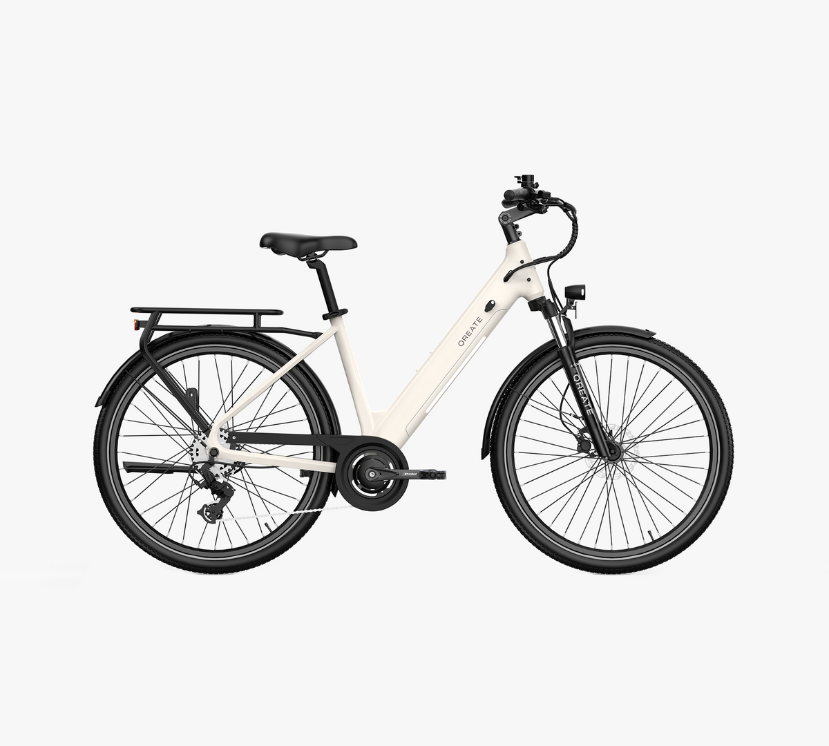 Rower elektryczny Qreate City Air w kolorze kremowym, widok z boku