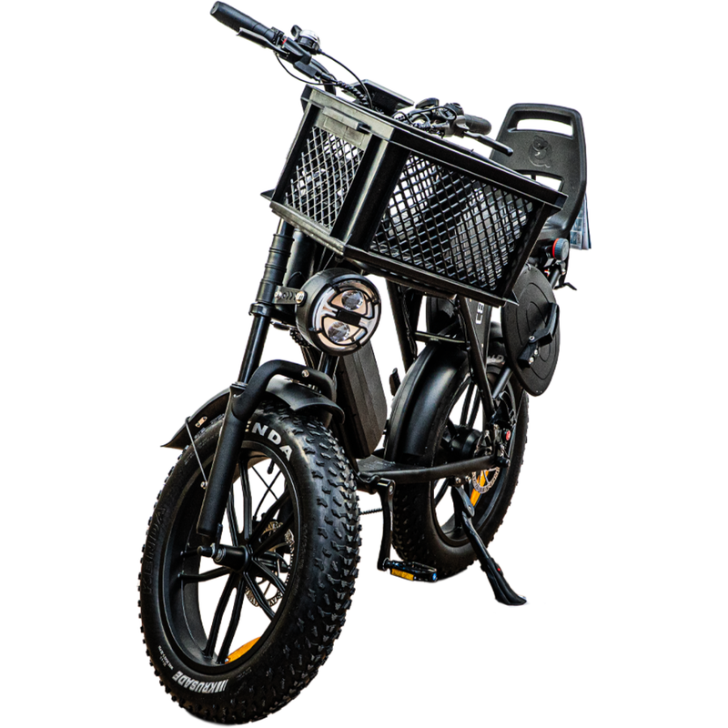 Ouxi C80 Family Edition en negro con cesta delantera, vista frontal en diagonal