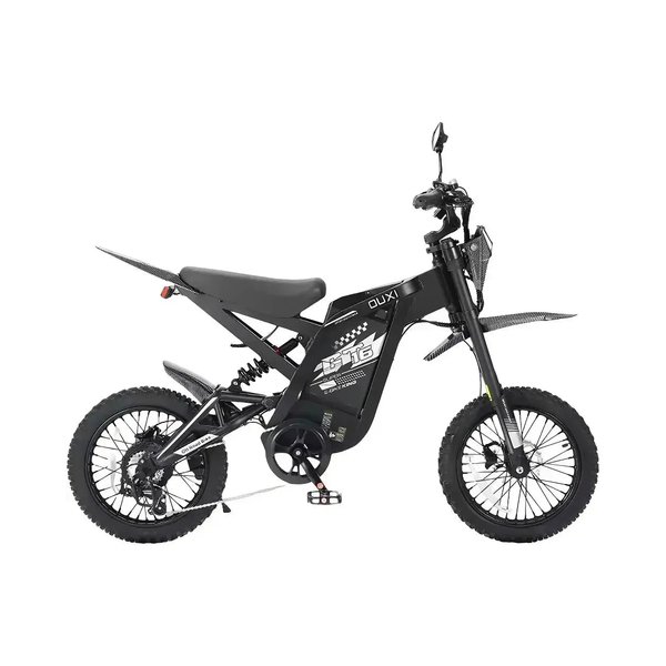 Fatbike Ouxi GT16 w kolorze czarnym, widok z boku z łańcuchem, biegami i tylną amortyzacją