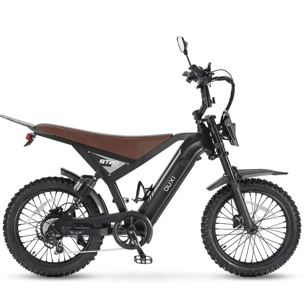 Siyah Ouxi GT20 Pro fatbike, kahverengi sele, arka süspansiyon ve dişli lastiklerle yandan görünüm