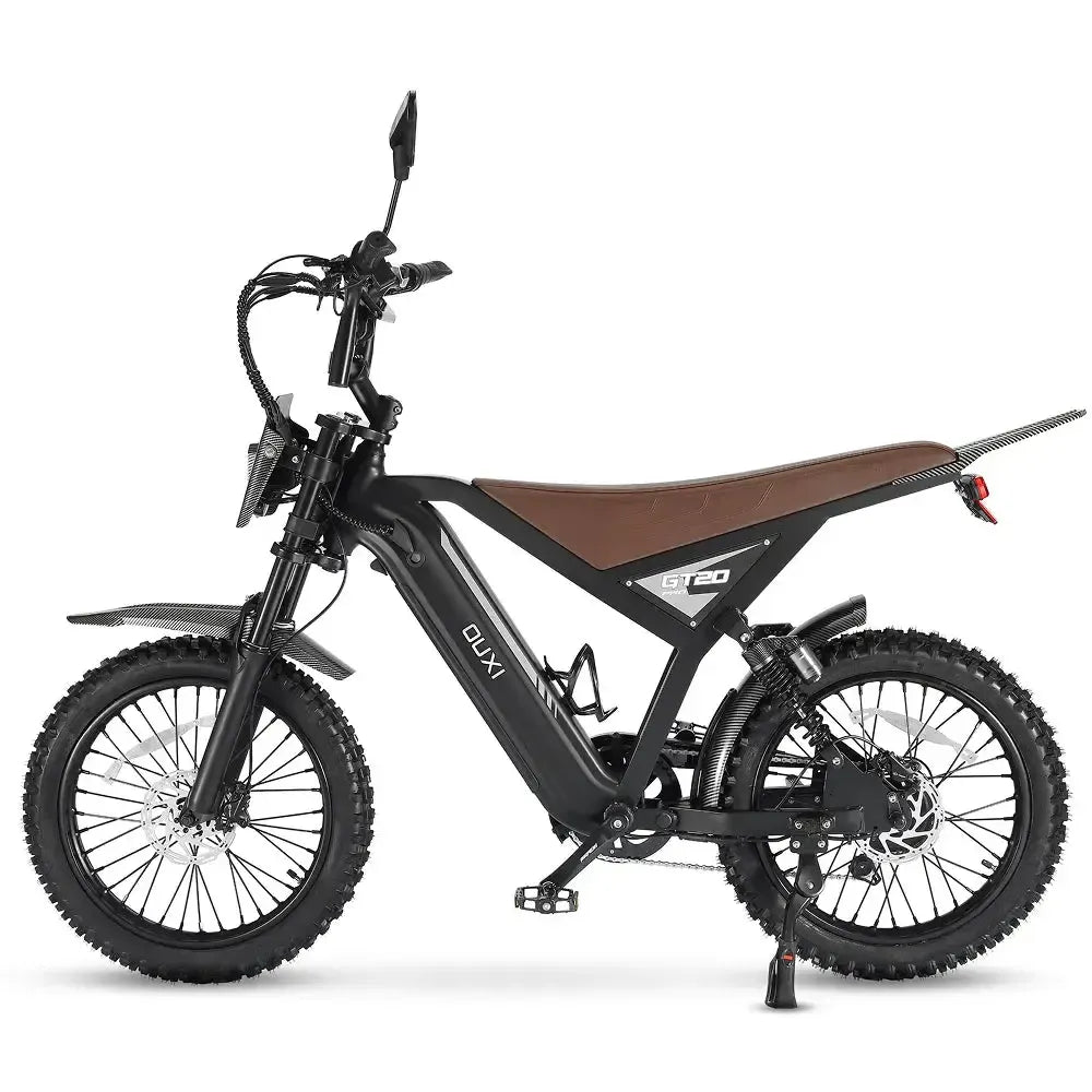 Siyah Ouxi GT20 Pro fatbike, açık yan sehpayla sola bakan yandan görünüm