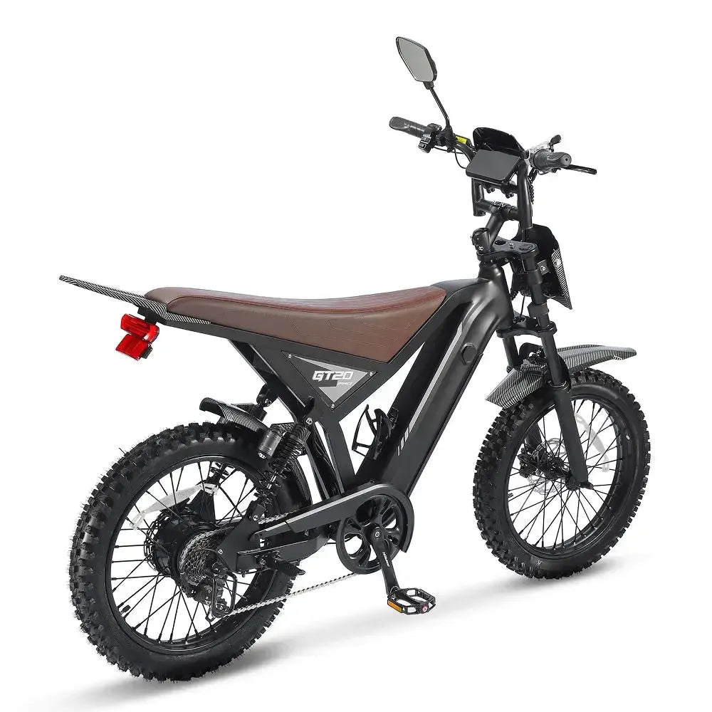 Siyah Ouxi GT20 Pro fatbike, arka lamba, kahverengi sele ve ekranla çapraz arkadan görünüm