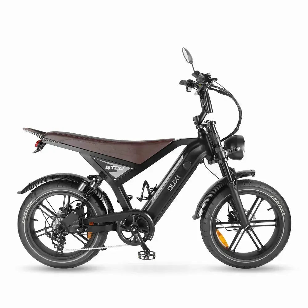 Fatbike Ouxi GT20 negra, vista lateral derecha con sillín largo marrón y faro redondo