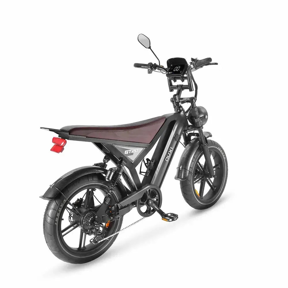 Fatbike Ouxi GT20 negra, vista trasera en diagonal con luz trasera roja, retrovisor y pantalla