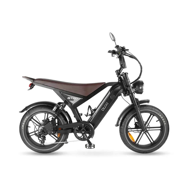 Fatbike Ouxi GT20 w kolorze czarnym, widok z prawej strony z długim brązowym siodełkiem i okrągłą lampą przednią