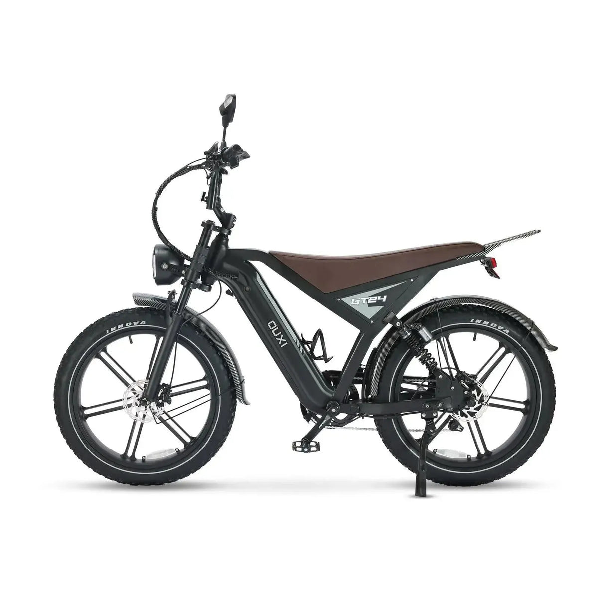 Fatbike Ouxi GT24 negra, vista lateral izquierda con la pata de cabra desplegada y freno de disco delantero