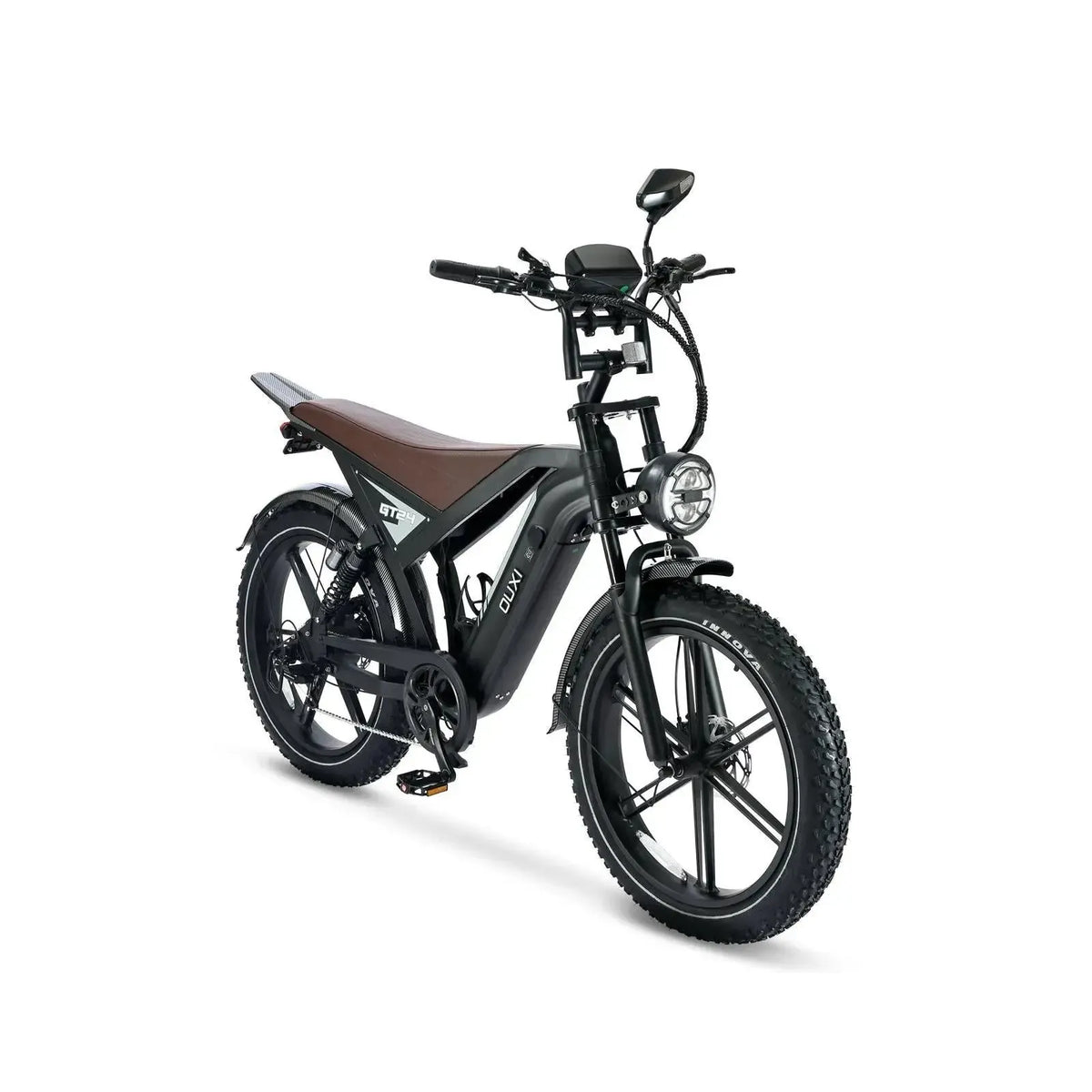 Fatbike Ouxi GT24 negra, vista frontal en diagonal con faro redondo, pantalla y neumáticos gruesos