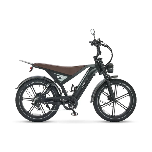 Fatbike Ouxi GT24 w kolorze czarnym, widok z prawej strony z brązowym siodełkiem i łańcuchem po stronie napędu