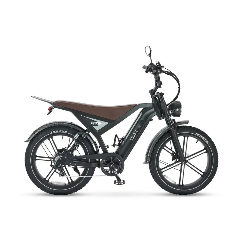 Fatbike Ouxi GT24 w kolorze czarnym, widok z prawej strony z brązowym siodełkiem i łańcuchem po stronie napędu
