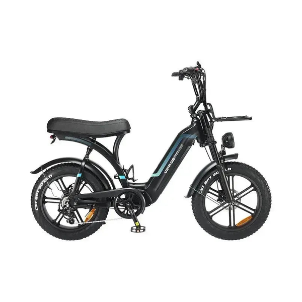 Fatbike Ouxi Q8 w kolorze czarnym, widok z prawej strony z długim siodełkiem dwuosobowym, przednim bagażnikiem i oponami do fatbike'a 20 cali