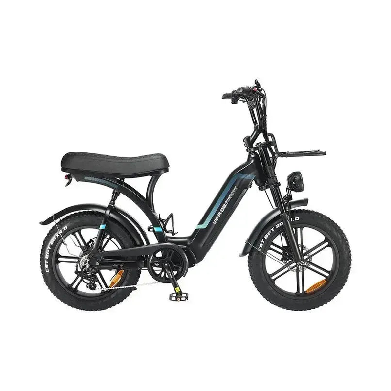 Fatbike Ouxi Q8 w kolorze czarnym, widok z prawej strony z długim siodełkiem dwuosobowym, przednim bagażnikiem i oponami do fatbike'a 20 cali