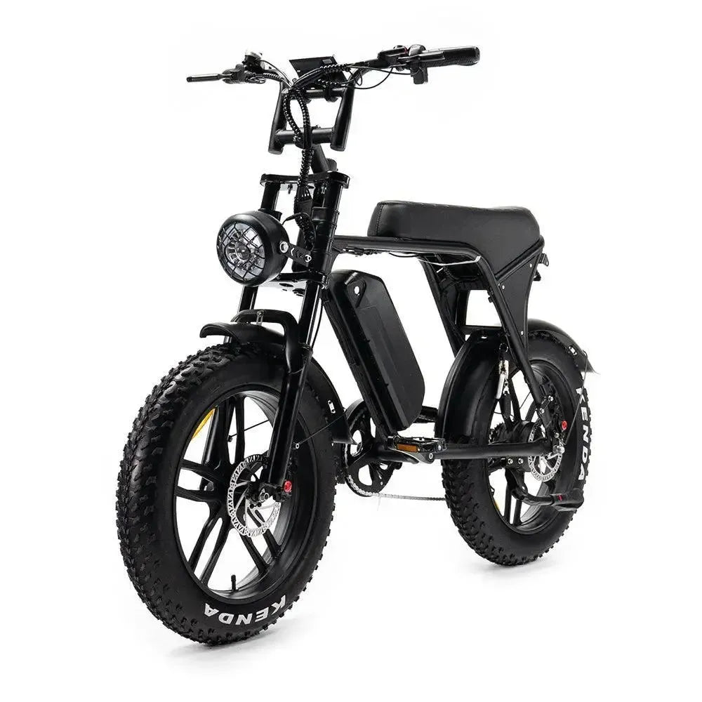 Fatbike Ouxi V8 2025 en noir, vue de trois quarts avant gauche avec phare rond et batterie de cadre