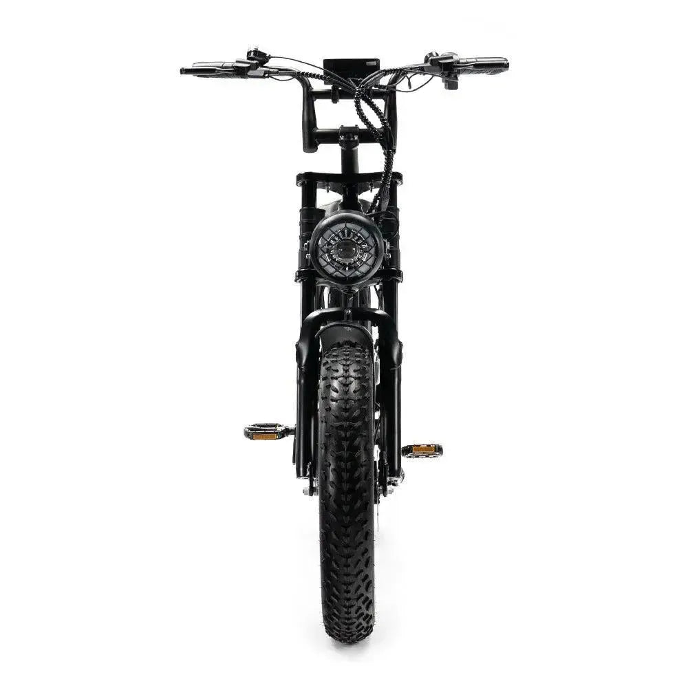 Fatbike Ouxi V8 2025 en noir, vue de face avec guidon large, écran, phare et large pneu avant