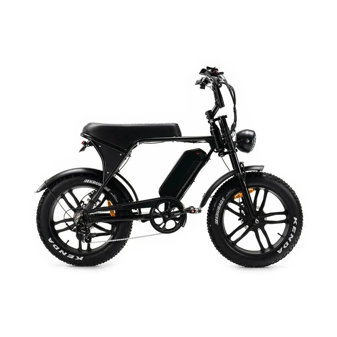 Fatbike Ouxi V8 2025 w kolorze czarnym, widok z prawej strony z długim siodełkiem, akumulatorem w ramie i szerokimi oponami Kenda