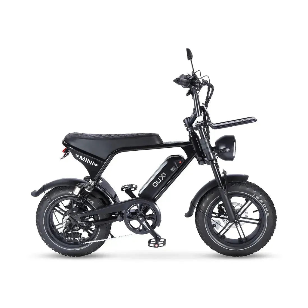 Fatbike Ouxi V8 Ultra Mini w kolorze czarnym, widok z prawej strony z łańcuchem, przednim bagażnikiem i lampą przednią