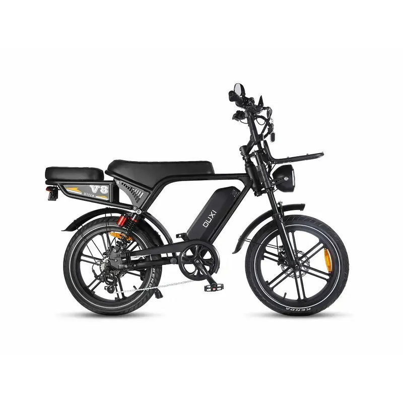 Siyah Ouxi V8 Ultra fatbike, uzun sele ve ön bagajla sağdan yan görünüm
