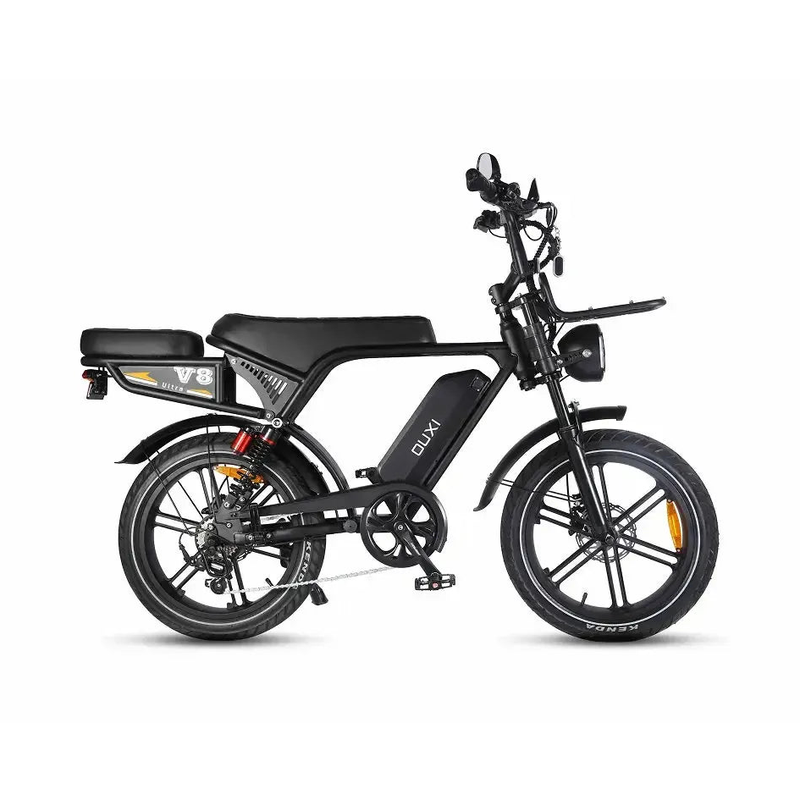 Fatbike Ouxi V8 Ultra w kolorze czarnym, widok z prawej strony z długim siodełkiem i małym przednim bagażnikiem