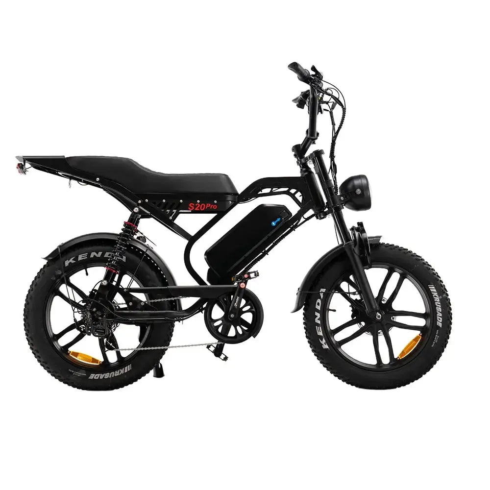 QMWheel S20 Pro Fatbike in Schwarz, Seitenansicht von rechts mit langer Doppelsitzbank und Kenda-Reifen