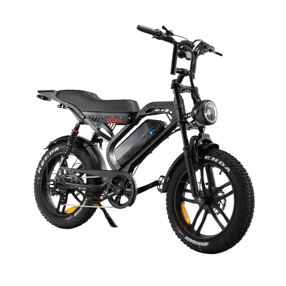 QMWheel S20 Pro Fatbike in Schwarz, schräge Vorderansicht von rechts mit rundem LED-Scheinwerfer