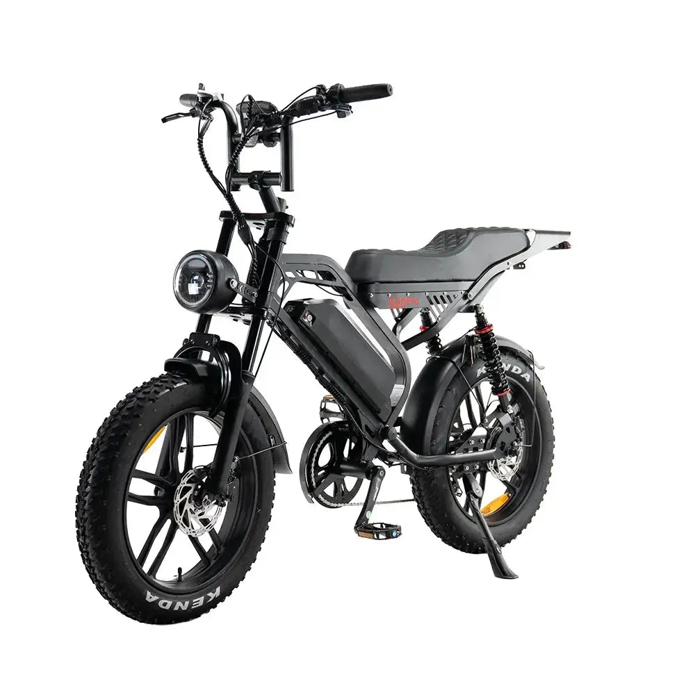 QMWheel S20 Pro Fatbike in Schwarz, schräge Vorderansicht von links mit vorderer Scheibenbremse