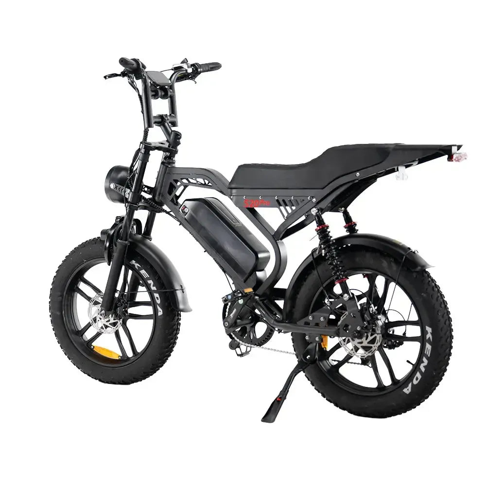 QMWheel S20 Pro Fatbike in Schwarz, schräge Rückansicht von links mit ausgeklapptem Ständer