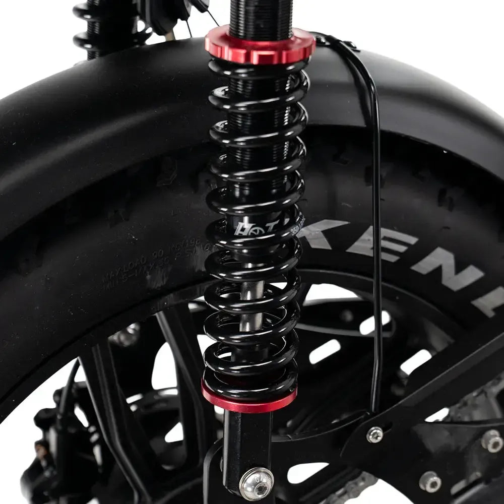 QMWheel S20 Pro Fatbike in Schwarz, Detail der Hinterradfederung mit roten Federtellern