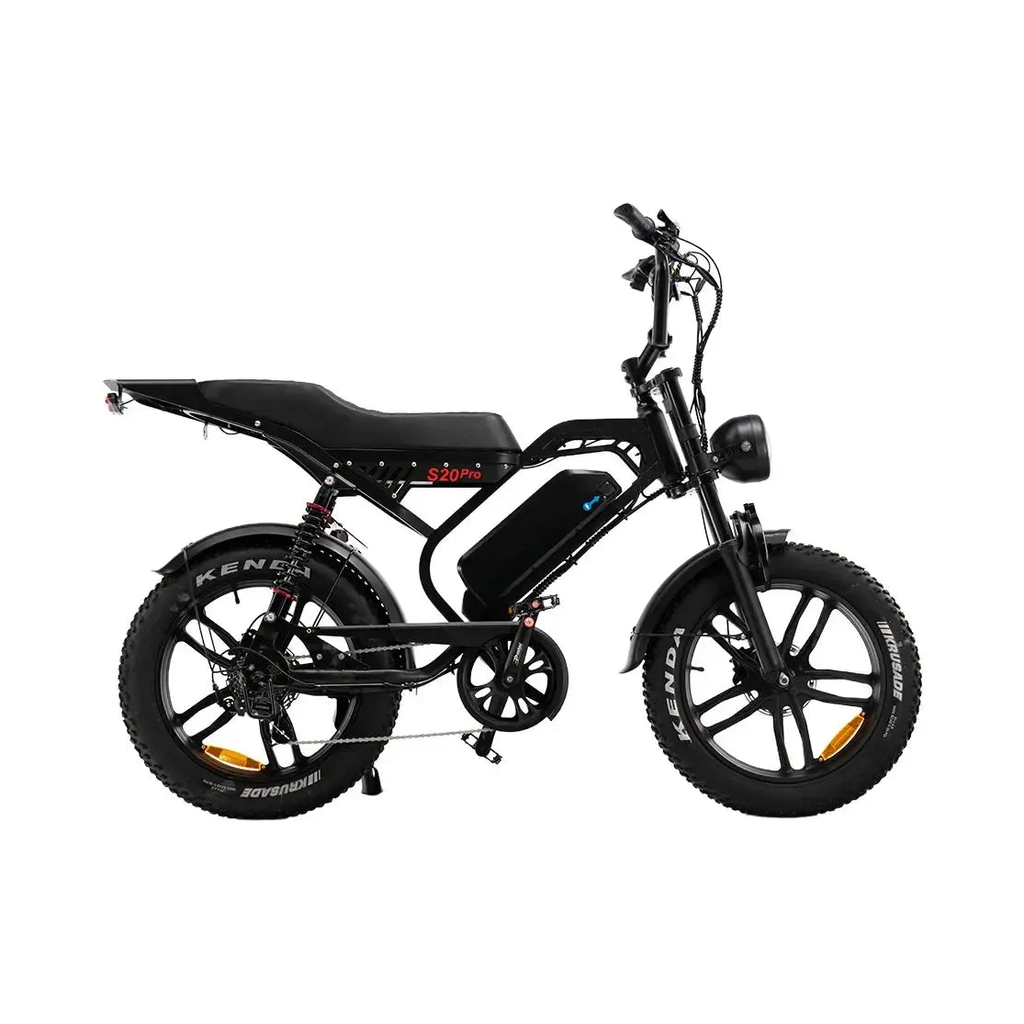 Fatbike QMWheel S20 Pro w kolorze czarnym, widok z prawej strony z długim siodełkiem dwuosobowym i oponami Kenda