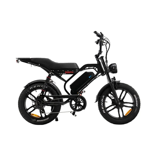 Fatbike QMWheel S20 Pro w kolorze czarnym, widok z prawej strony z długim siodełkiem dwuosobowym i oponami Kenda