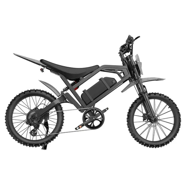 Фетбайк QMWheel V20 Cross у чорному кольорі, повний вигляд збоку з ланцюгом, сідлом і шинами з ґрунтозачепами