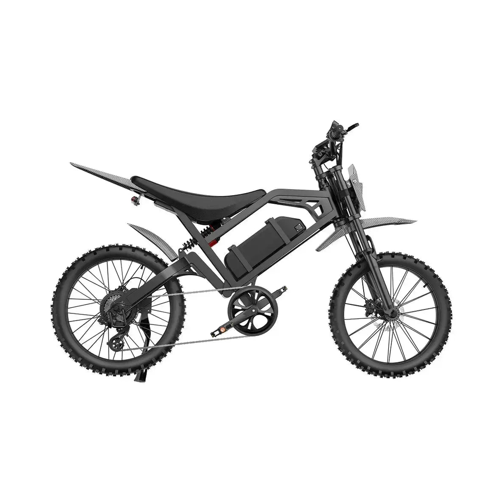 Fatbike QMWheel V20 Cross w kolorze czarnym, pełny widok z boku z łańcuchem, siodełkiem i oponami z kostką