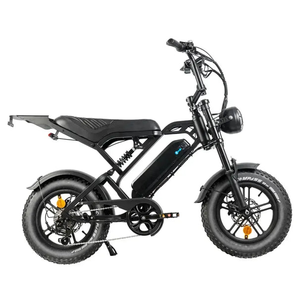 Фэтбайк QMWheel V20 Mini в чёрном цвете, вид сбоку справа с длинным седлом, багажником и толстыми шинами