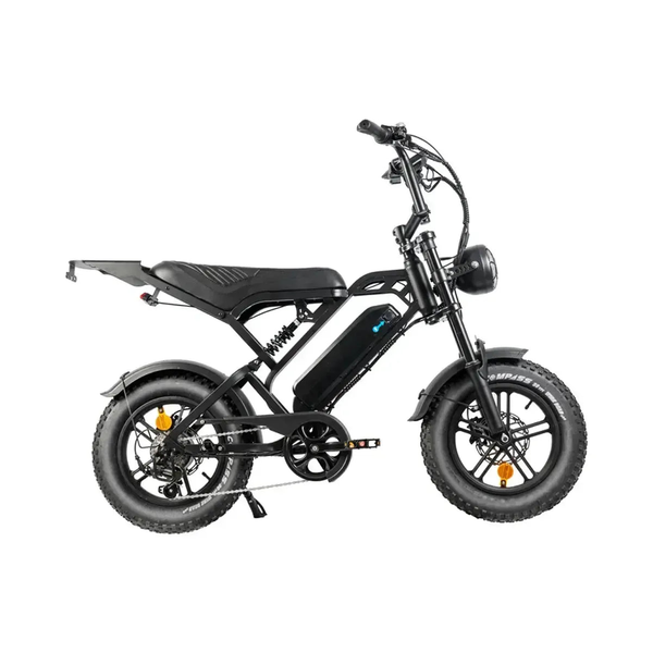 Fatbike QMWheel V20 Mini w kolorze czarnym, widok z prawej strony z długim siodełkiem, bagażnikiem i grubymi oponami