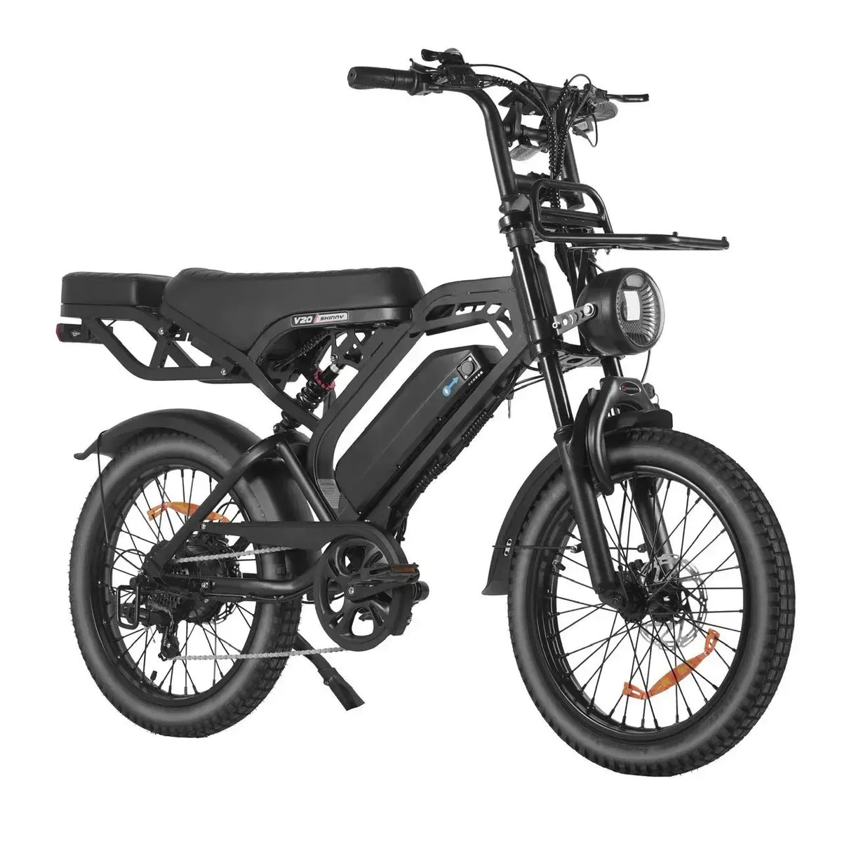 Skinny bike QMWheel V20 Pro Skinny Bike en noir, vue de trois quarts avant avec phare, porte-bagages avant et batterie