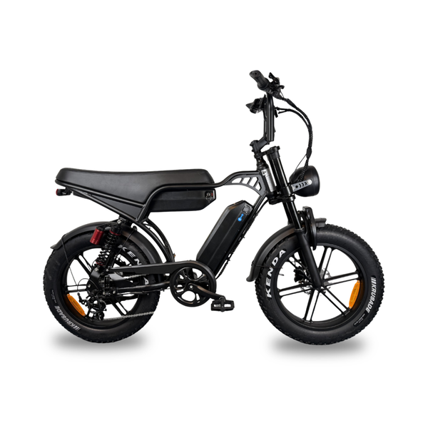 Fatbike QMWheel V29 Pro z podwójnym akumulatorem w kolorze czarnym, pełny widok z boku z długim siodełkiem, akumulatorem w ramie i oponami Kenda